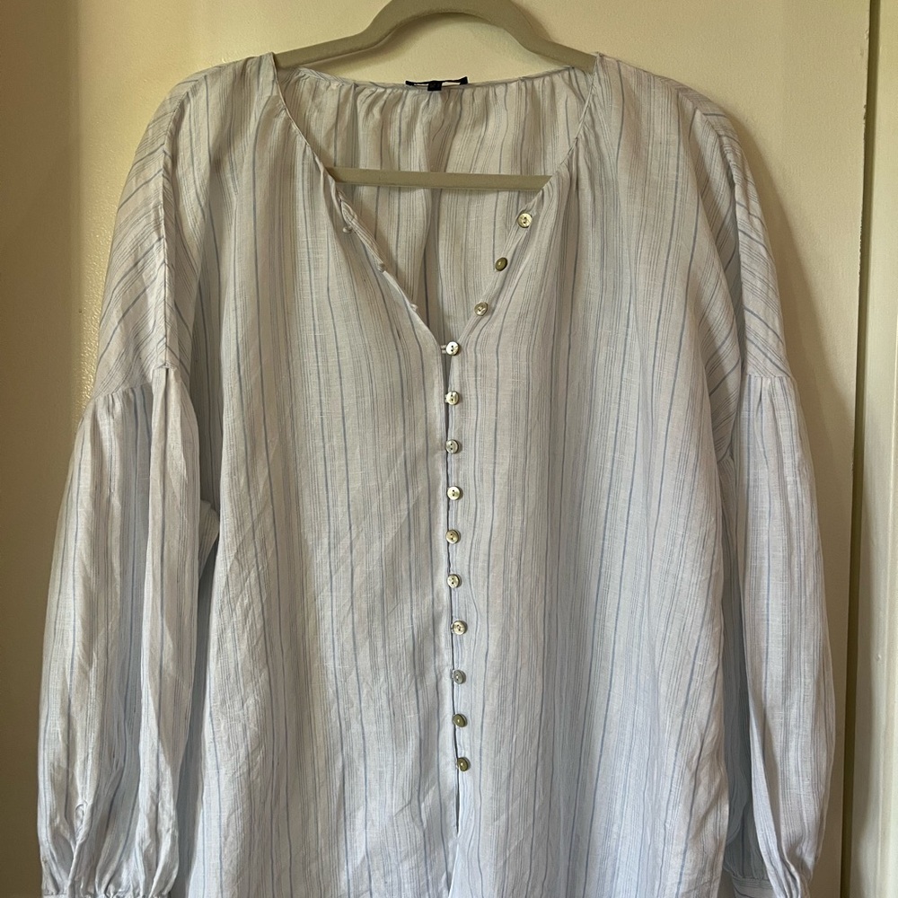 Massimo Dutti Linen Women Light Blue Stripe Button-Fronte Blouse